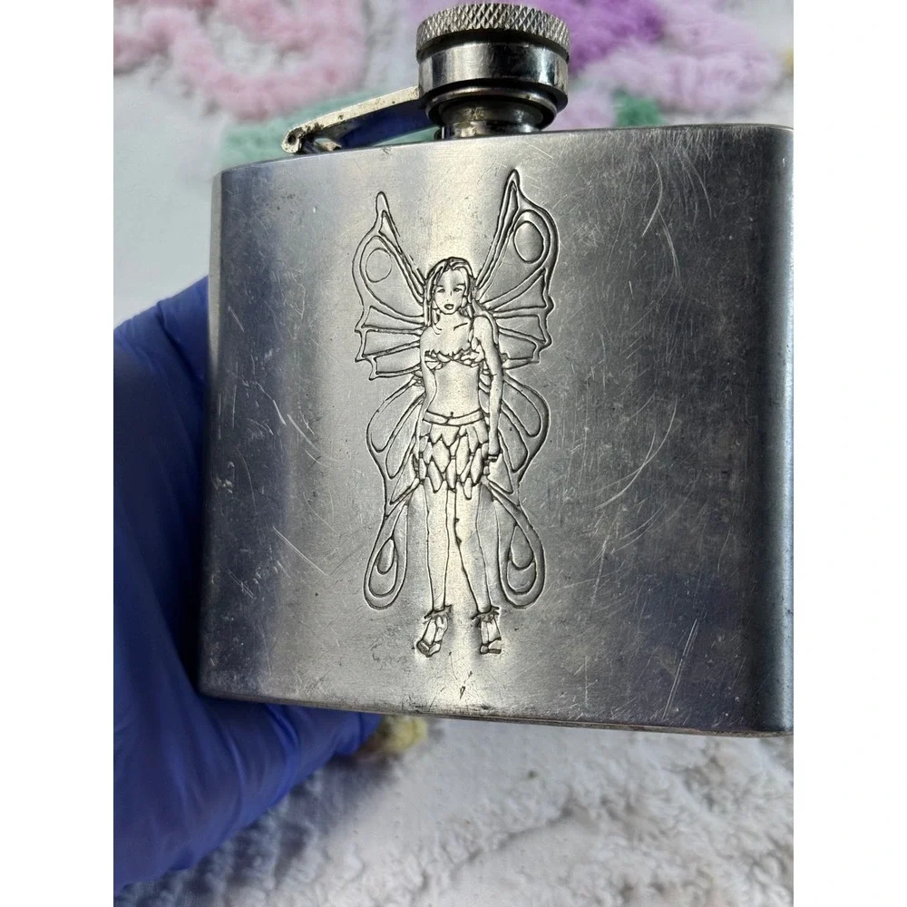 Vintage Fairy Etched Stainless Steel Hip Flask 5oz Silver Y2K Whimsigoth Pocket